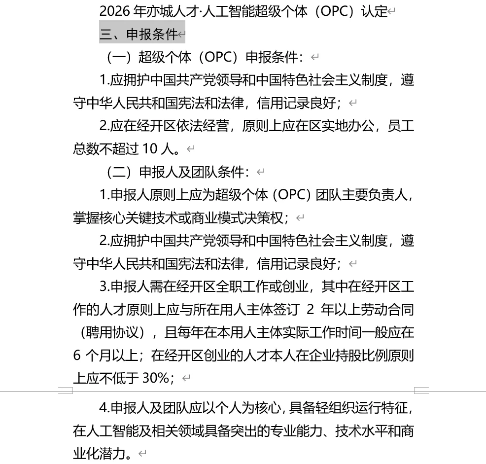 亦城人才·人工智能超级个体（OPC）认定申报条件（官方文件截图）